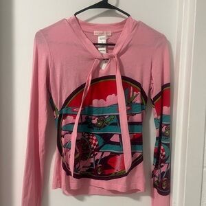 Custo Barcelona Pink Airplane Graphic Long Sleeve Tee